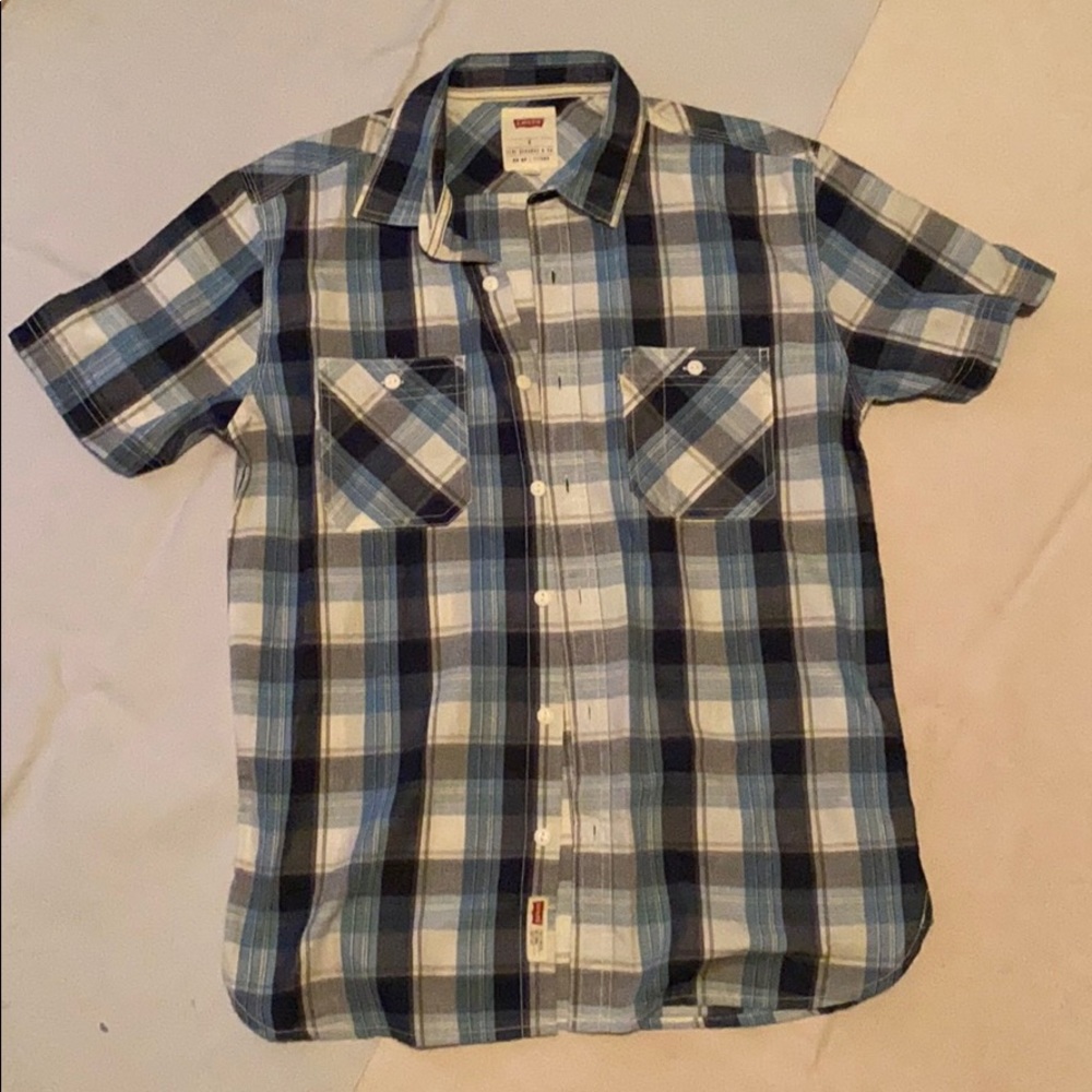 Levi’s plaid blue gray shirt sleeve button shirt S